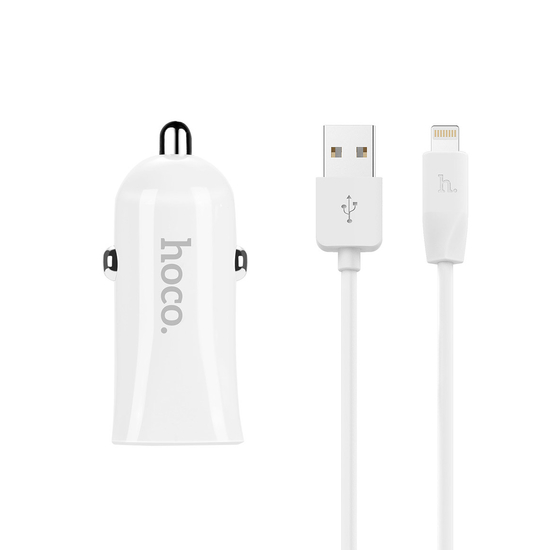 მანქანის დამტენი HOCO Z12 Elite Dual USB Charger + Lightning Cable - White